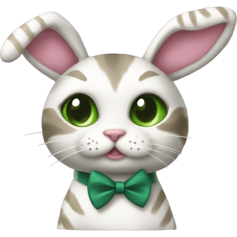 Stripes cat in a bunny COSTUME with pink bow tie and dark green eyes emoji