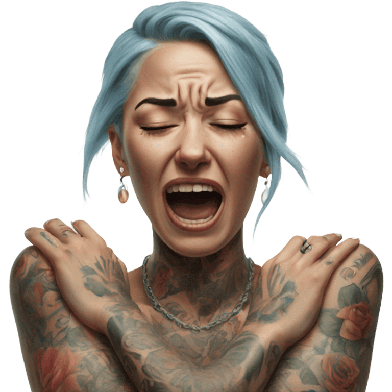 Hyper Realistic Beautiful tattooed woman crying and reaching her arms out emoji