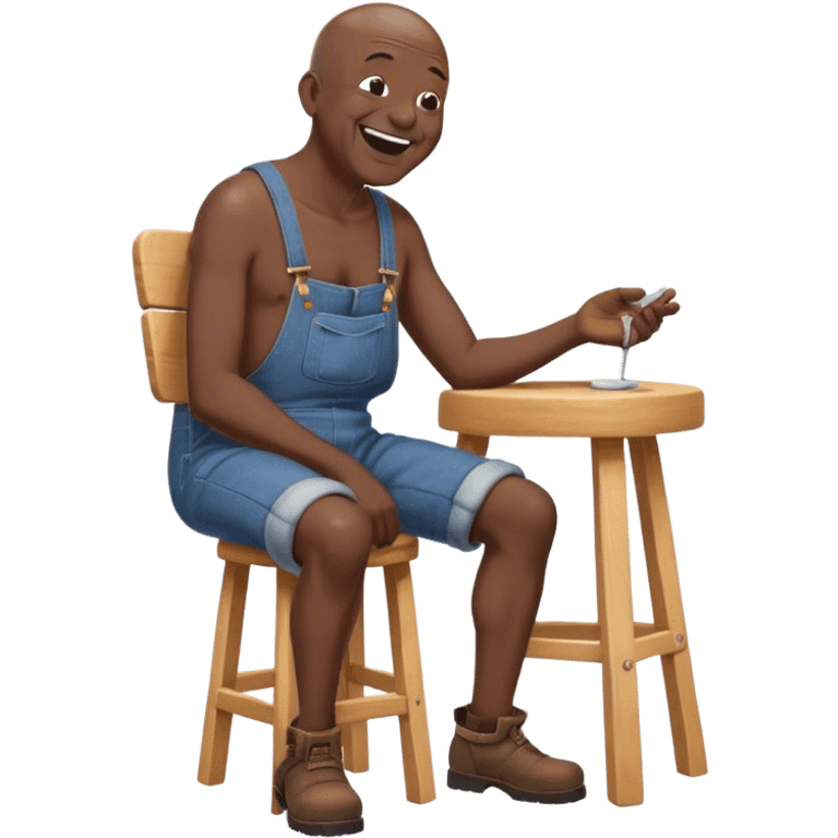 Side view Laughing telling story Old bald black man sitting on stool wearing overalls no shirt. he is blind emoji