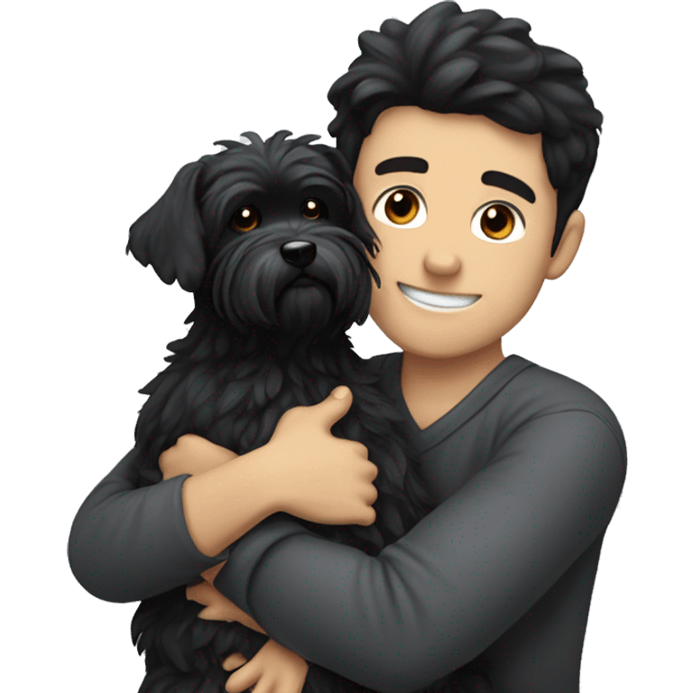 Black haired guy hugs black maltese dog  emoji