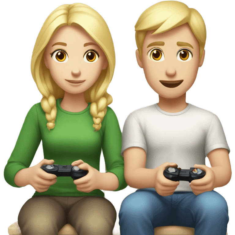 Blonde Girl with white skin and blonde boy with white skin sit playing with joysticks   emoji