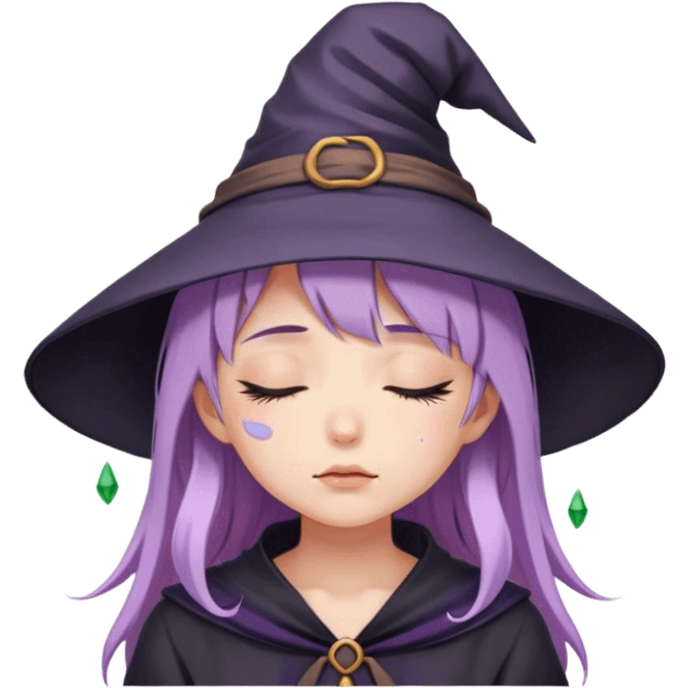 cute anime girl with closed eyes crying with lilac hair in witch hat emoji