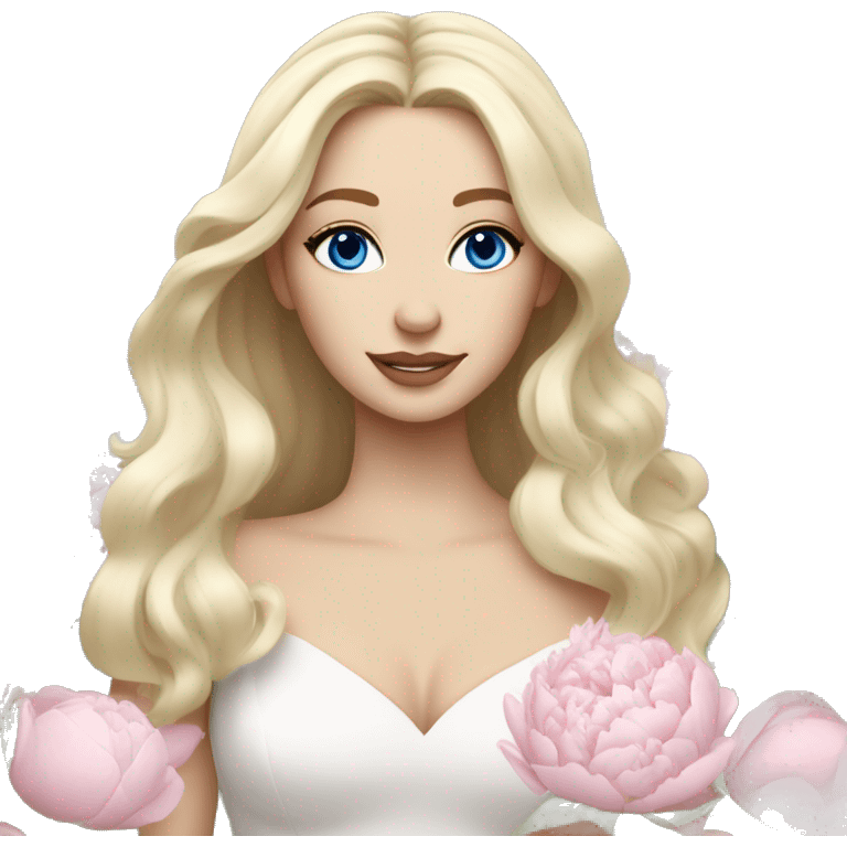 White bride with long light blonde hair and blue eyes with light pink peonies in hair white skin  emoji