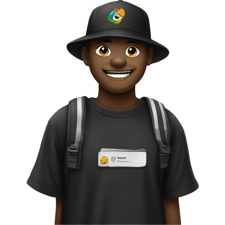 Garoto pele parda, boné preto, sorrindo, com aparelho dentario, camiseta preta, com caneta na mão e tintas de diferentes cores no fundo emoji