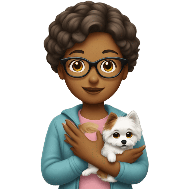 A girl with glasses is holding a spitz dog in her hands emoji