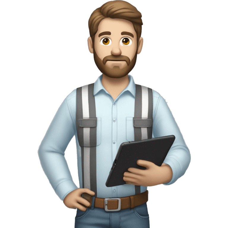 Mid white engineer wearing light blue blouse and black jeans and brown safety shoes and white helmet and he has a slight beard and holding ipad emoji