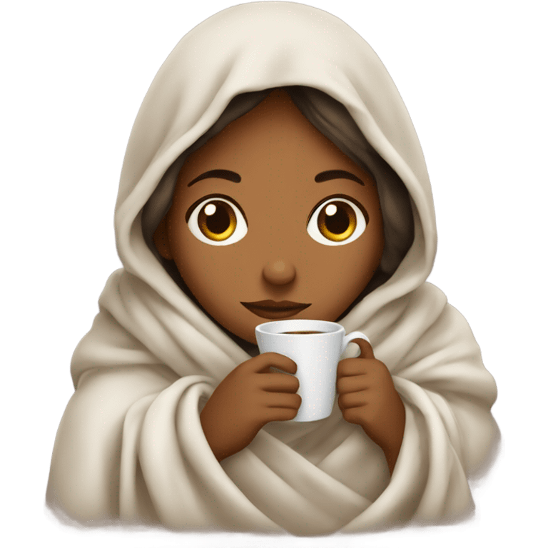 Girl wrapped in a blanket, drinking coffee emoji