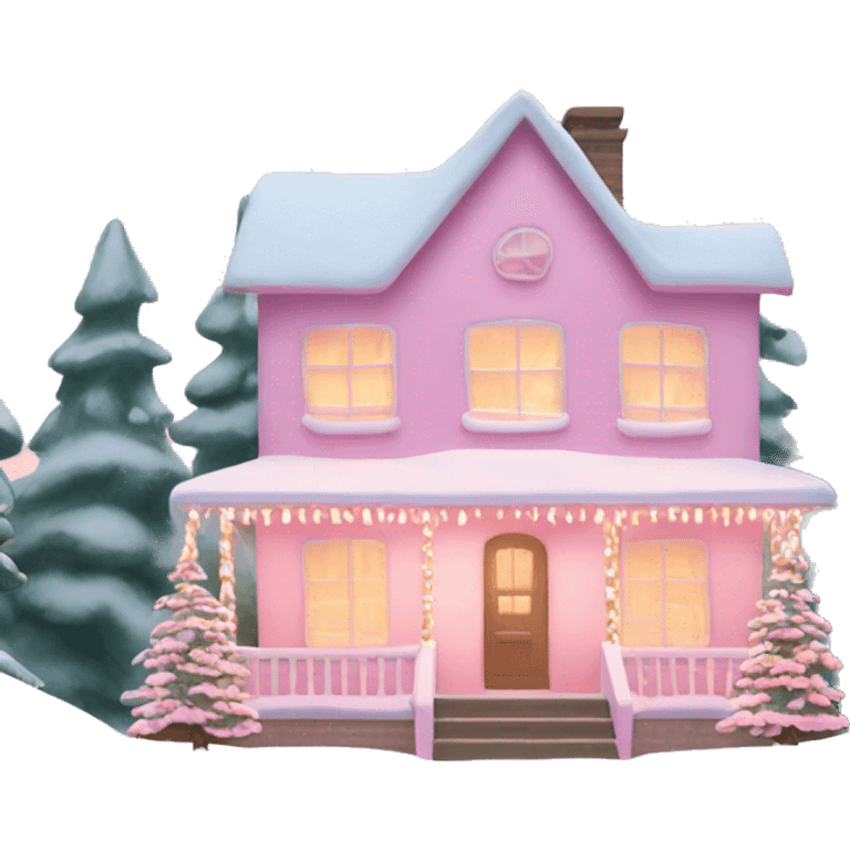 Pastel pink Christmas house with Christmas lights and evergreen trees emoji