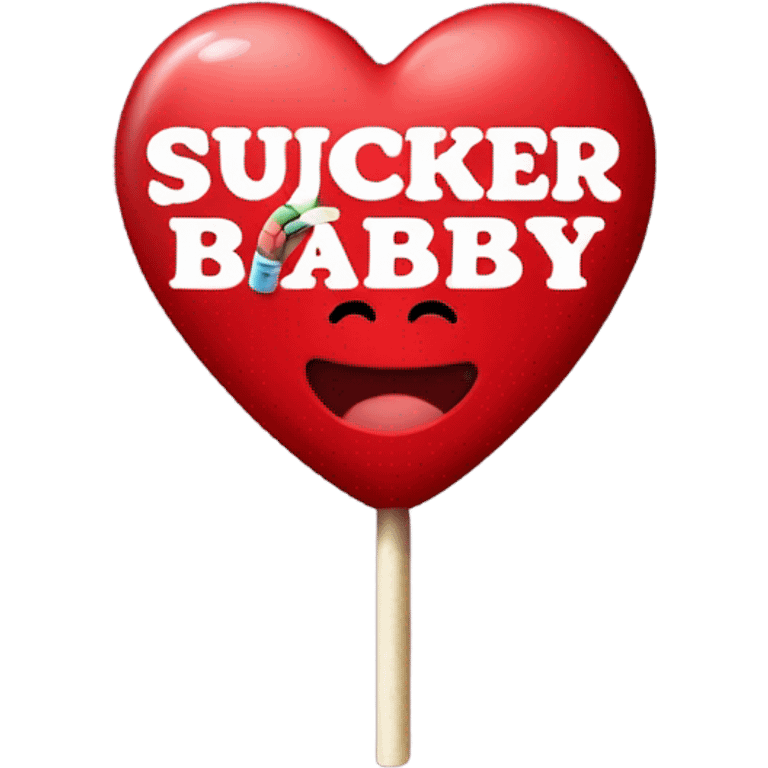 Red heart lollipop that says ‘wanna be my sucker baby?’ In black  emoji