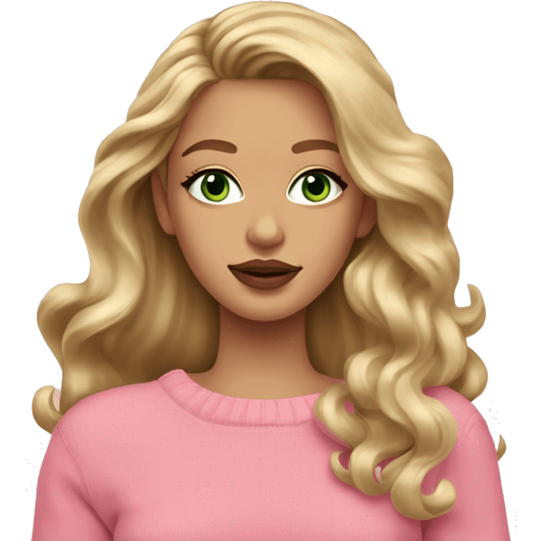 Dark blonde girl pink sweater pink lipstick green eyes gold earrings pink nails wavy long hair full body emoji