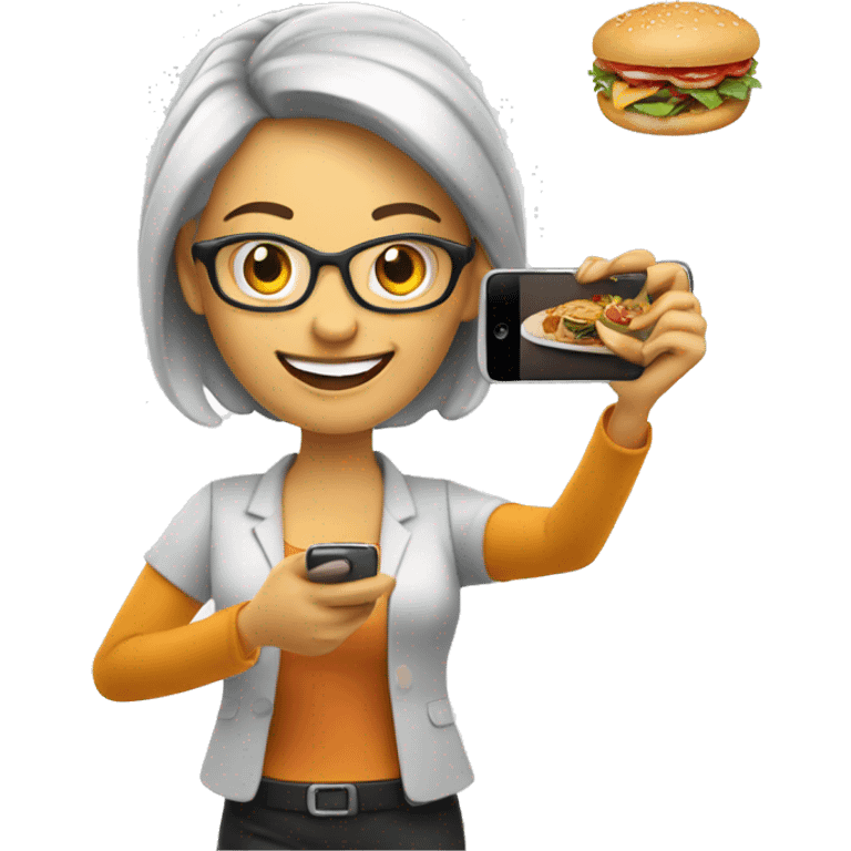 Happy Lady corporate business owner shooting food photos & videos with her phone emoji