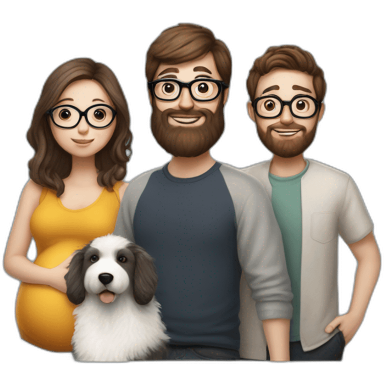 Hyperrealist Pregnant girl with half long brown hair with glasses, a boy with long beard, glasses and short hair and english sheepdog emoji