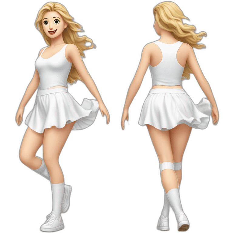 Hyperrealistic Full body Caucasian curvy beauty jumping short white skirt back and front views strong wind knickers long white socks emoji