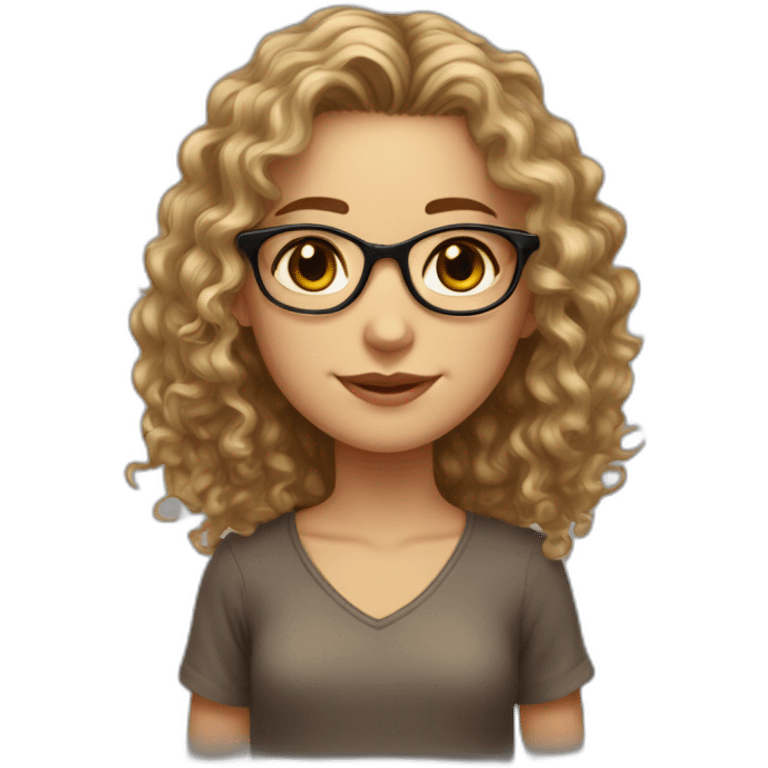 Caucasian girl, long dark hair, curly hair, brown eyes, golden glasses with tiny frames, just face emoji