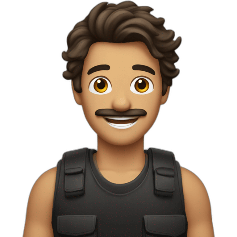 A stereotypical Portuguese young man waving with a big smile, a mustache and a brown mullet, wearing a black t-shirt and a chest vest emoji