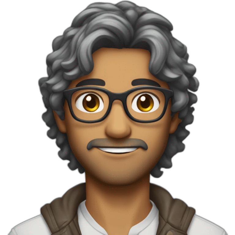 Indian guy with eren jaeger like hair style with curly hairs wearing grey colour transparent glasses emoji