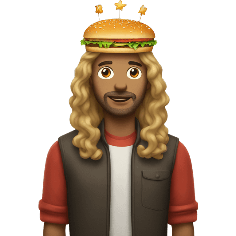 Man with long hair wearing burger kind crown  emoji