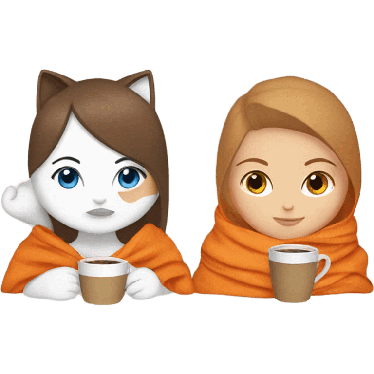 White girl blue eyes brown hair sipping coffee in a blanket with orange and white cat emoji