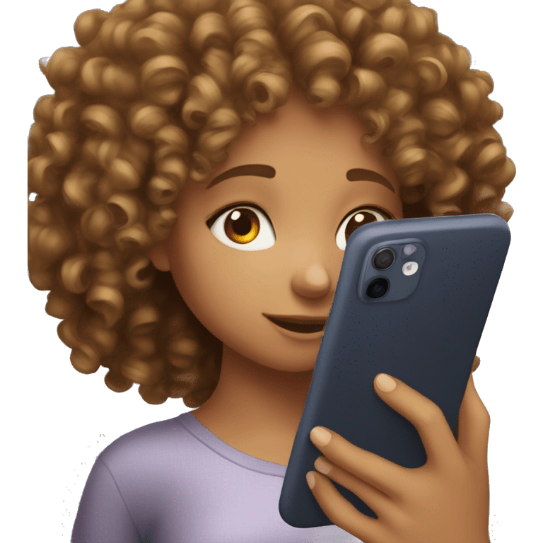 a curly haired girl looking down at the phone in her hand emoji