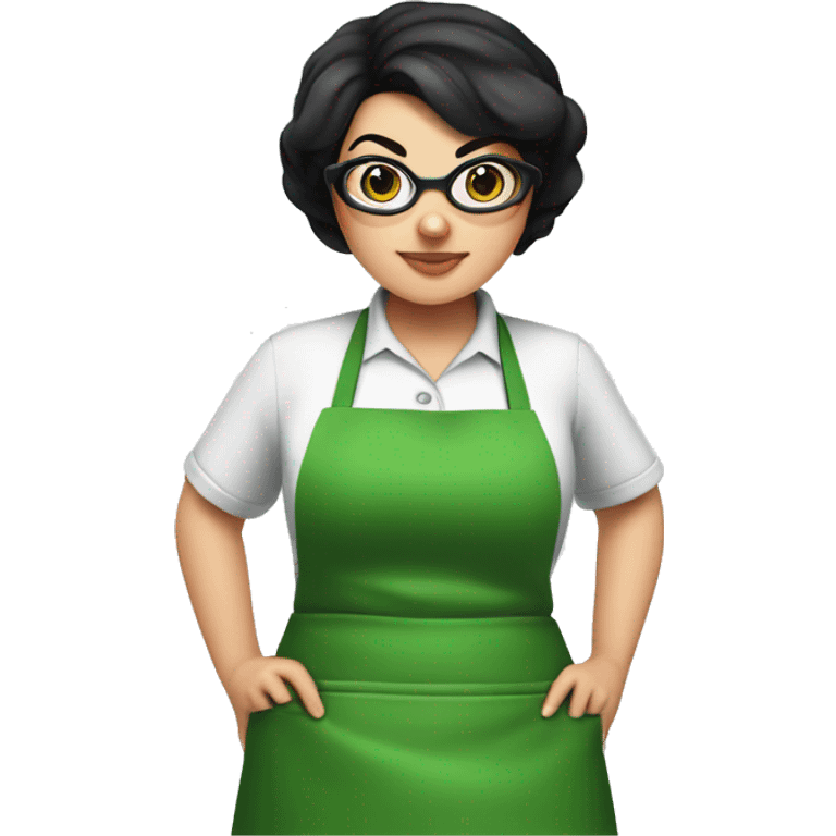 chubby lady with black hair and big eyes green apron  with glasses cooking  emoji