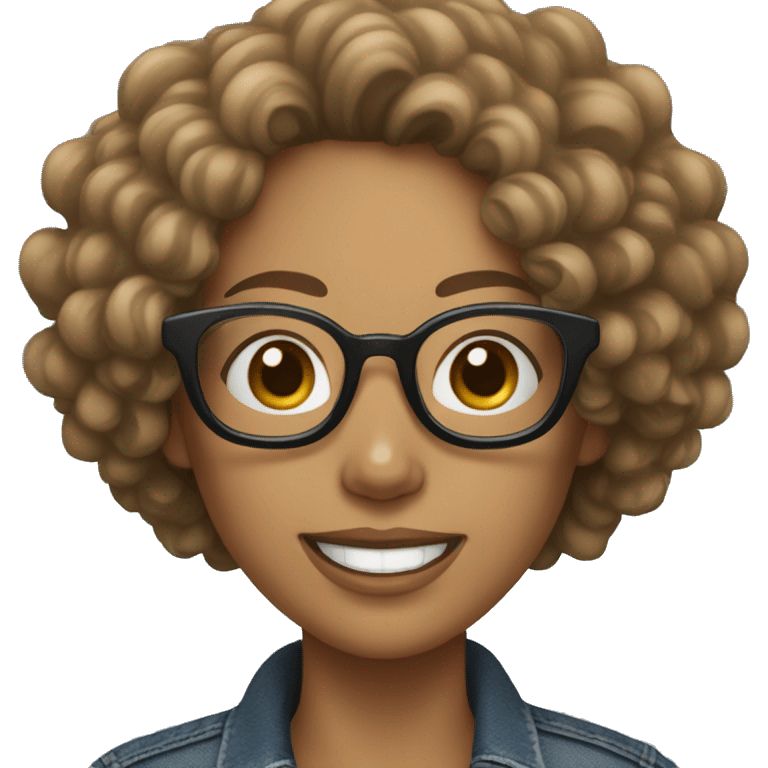 Woman with white skin, curly hair, big smile, wears glasses with black Pincher dog, with jeans and sneakers emoji