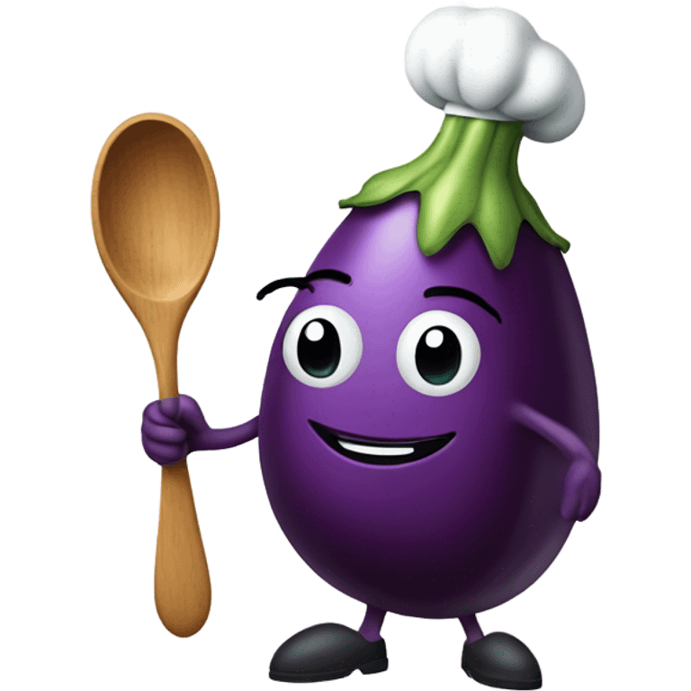 Eggplant with stem wearing chef’s apron on holding spoon emoji