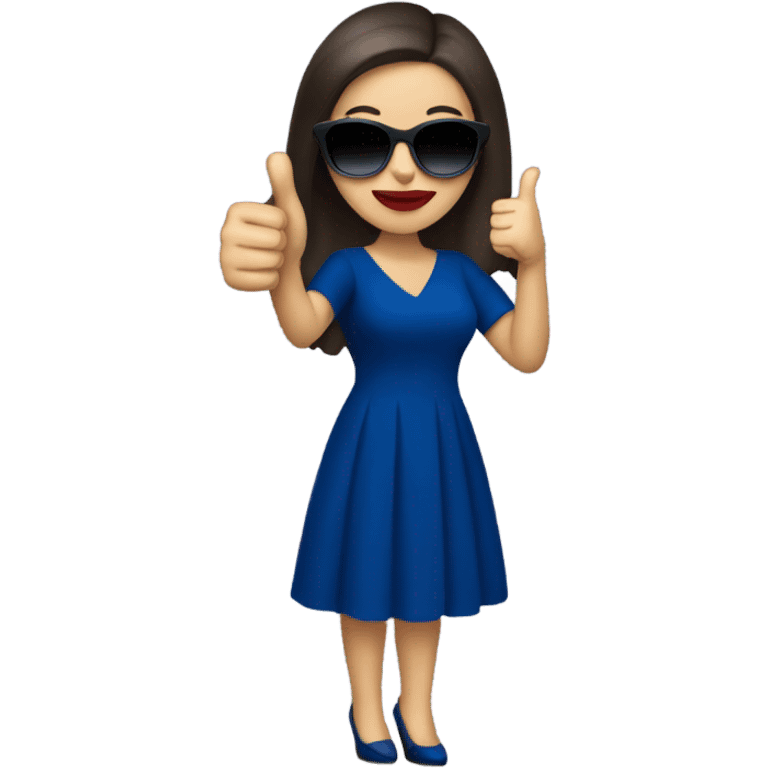 
brunette in dark blue sunglasses, with red lips and in a dark blue dress shows a thumbs up emoji