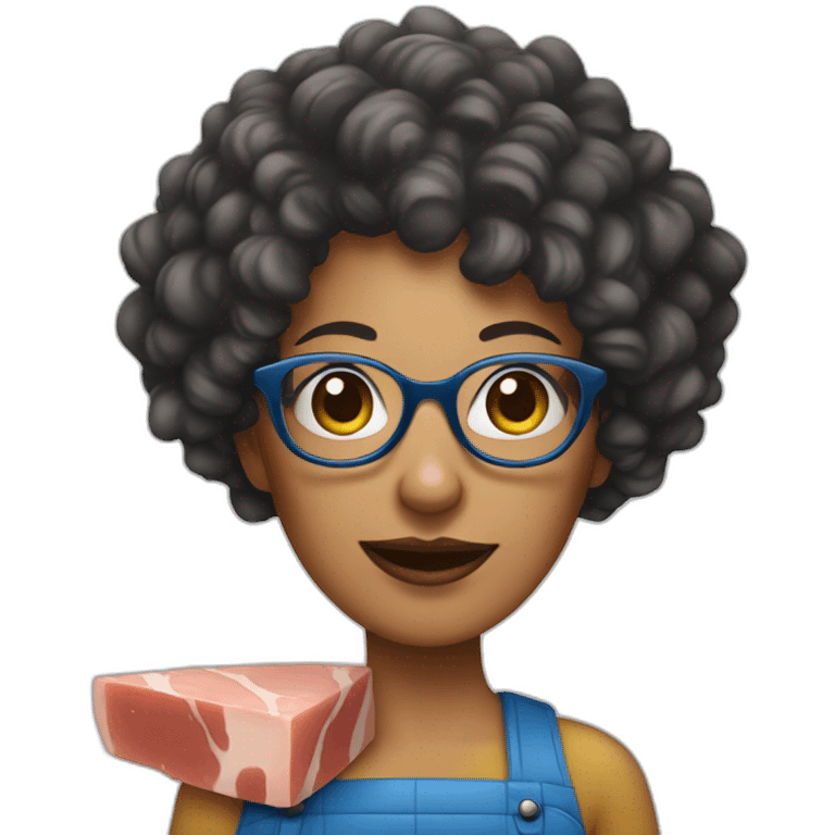 woman with blue curly hair and glasses holding a ham emoji