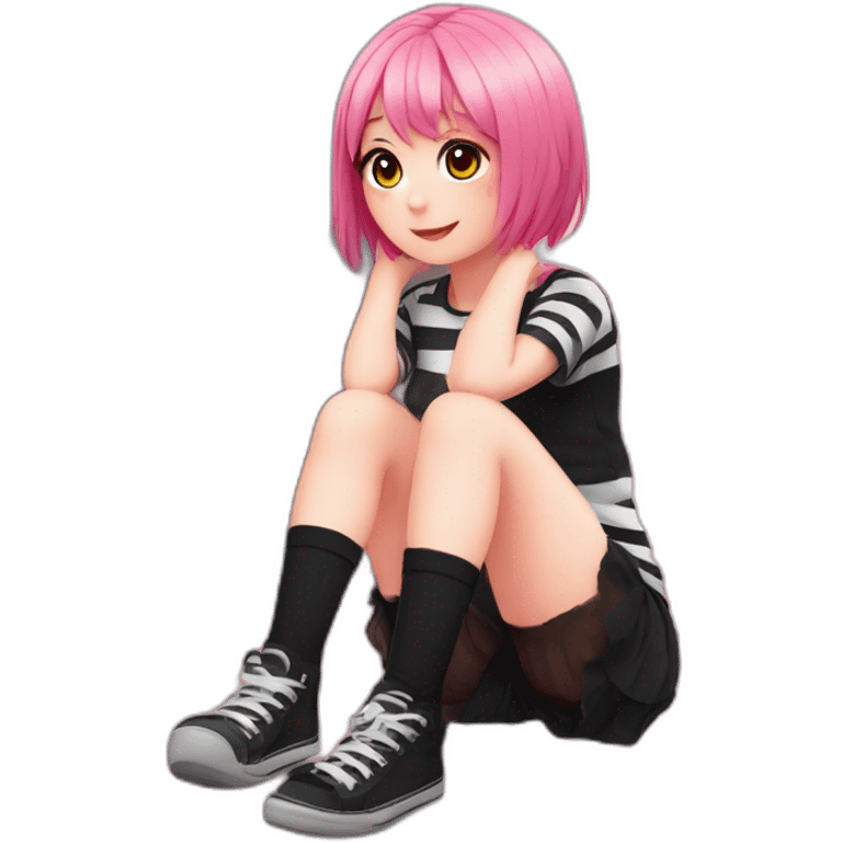 full body Front view emo girl sits on the floor black skirt pink knickers striped stockings emoji