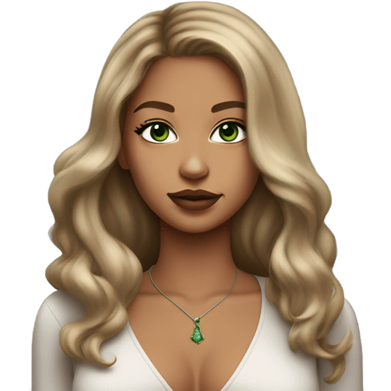 light medium skin, high cheekbone, solo dark blonde girl with green eyes, medium bust, long blow out hair, baddie, middle part, sultry emoji