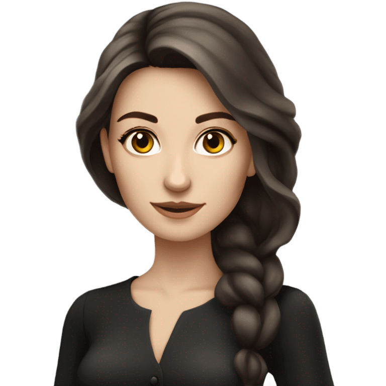 Beautiful skinny white woman long dark brown hair in dark dress with book emoji