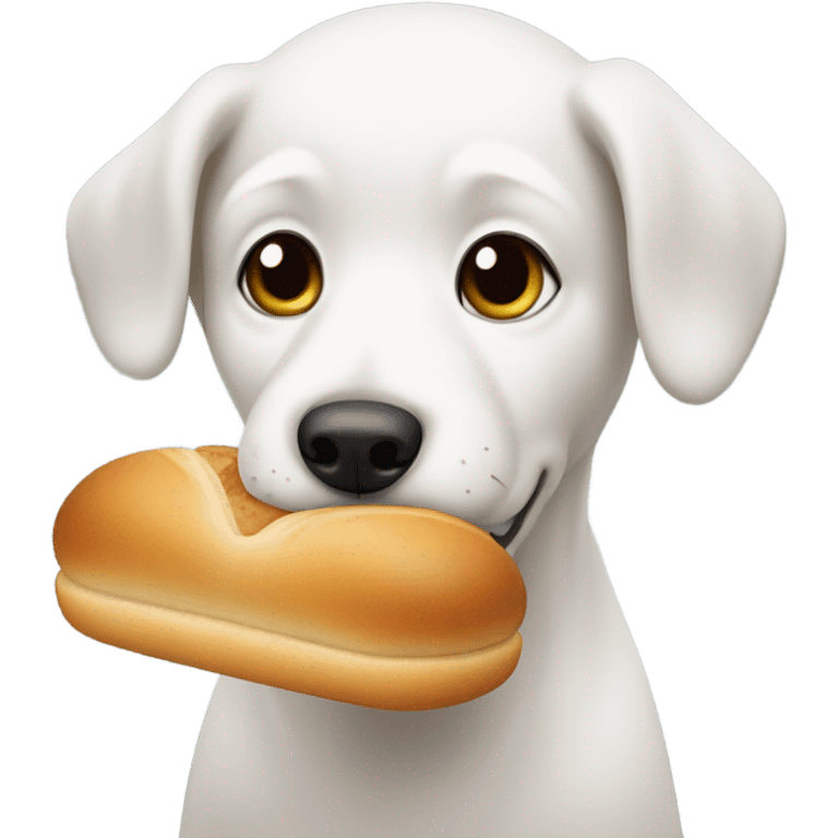 white dog carrying a little rounded bread emoji