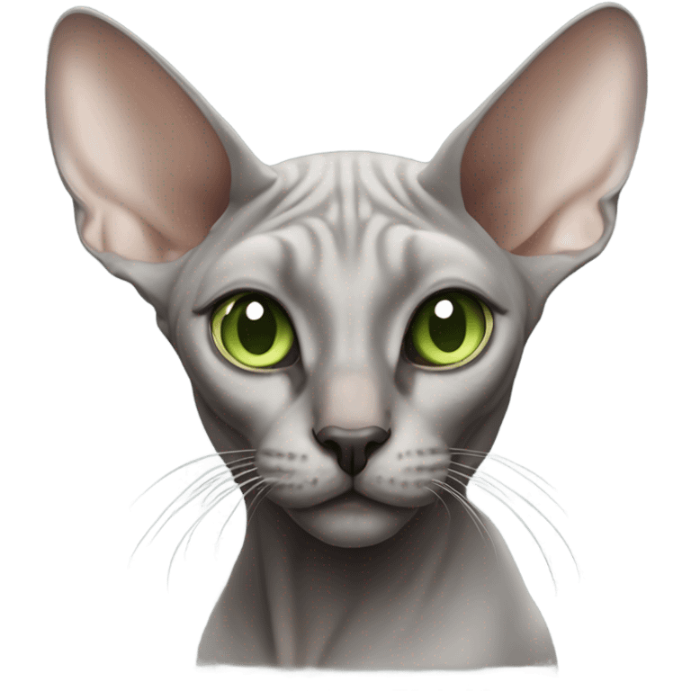 Gray sphinx cat with a black nose and light green eyes emoji