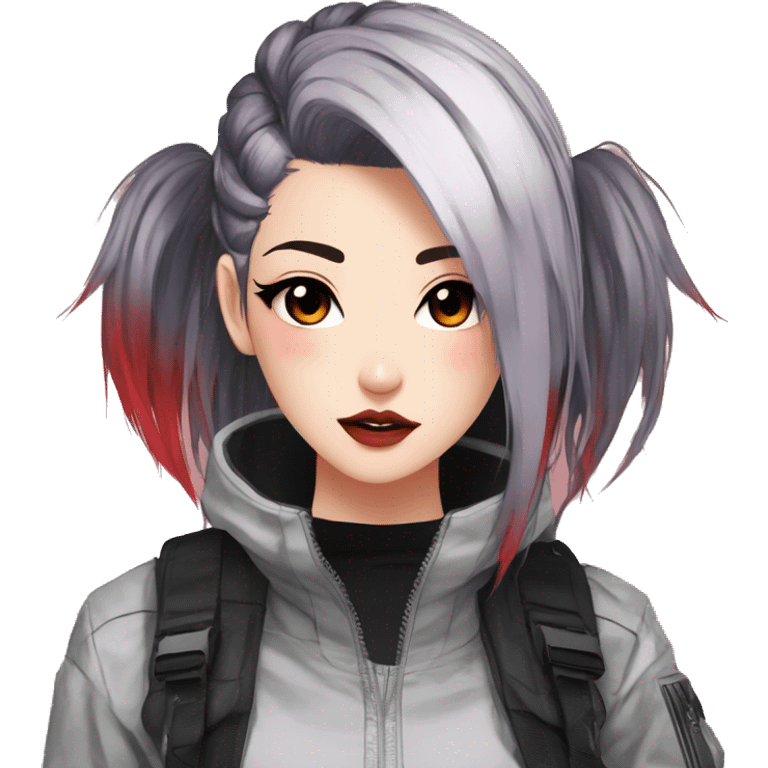 Gorgeous techwear anime style lady with blushing face aesthetic and pretty edgy black red punk hair with hair garment trending style emoji