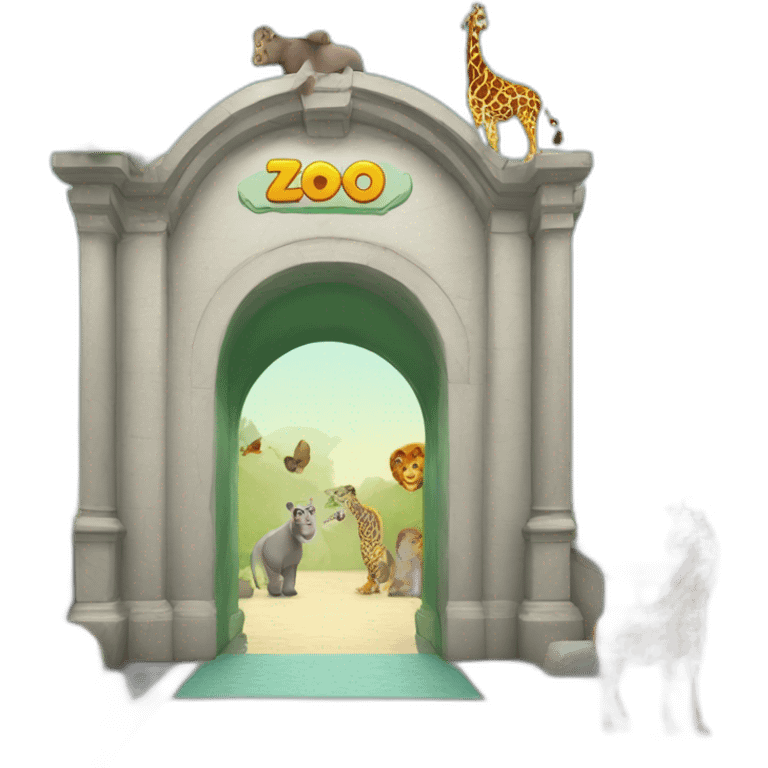 entrance arch to a zoo with different zoo animals in the background emoji