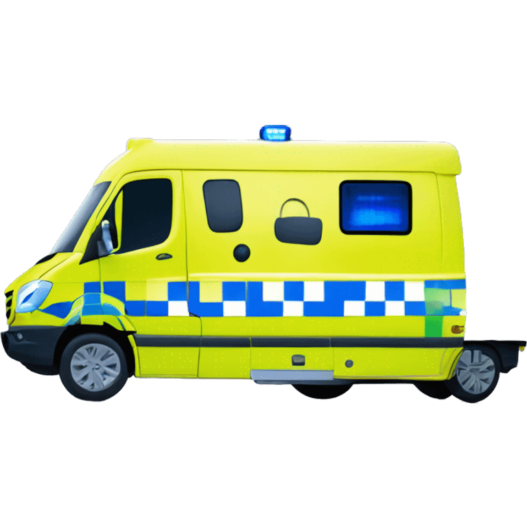 Mercedes sprinter ambulance, yellow body, with green and yellow checkerboard print strip along the bottom. NHS blue and white logo on the side. Blue flashing lights.  emoji