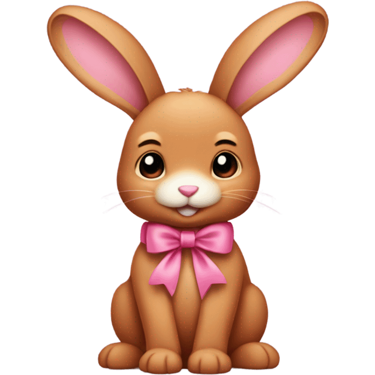 A cute cinnamon-colored bunny with floppy ears and a pink bow on one of them. emoji