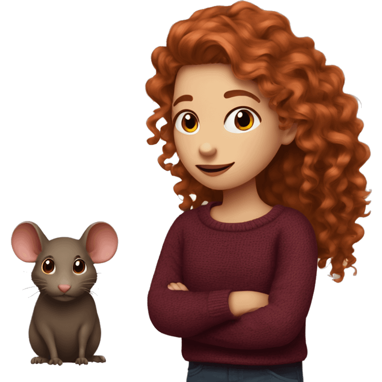 red-haired girl with long hair and curls in a burgundy sweater and a rat on her shoulder emoji