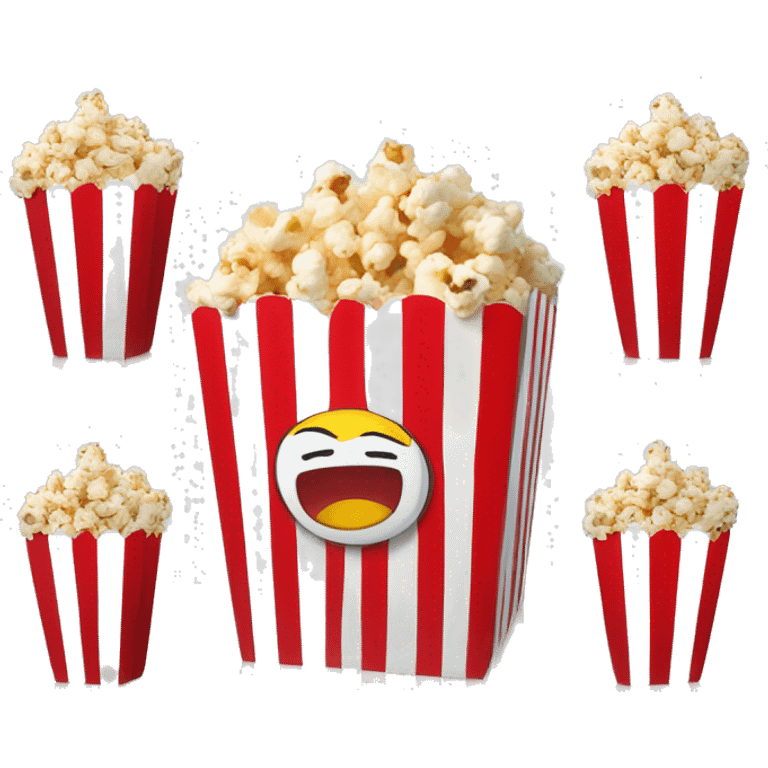 A WHITE AND RED STRIPES ANIMATED POPCORN BOX WITH POPCORNS IN IT READING A BOOK emoji