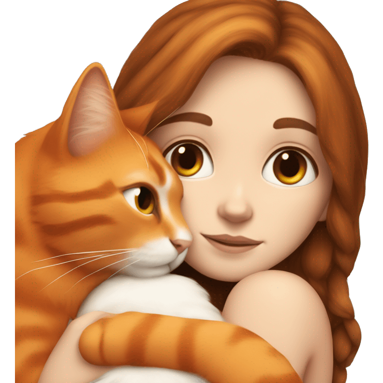 White girl with long brown hair snuggling fluffy orange cat emoji