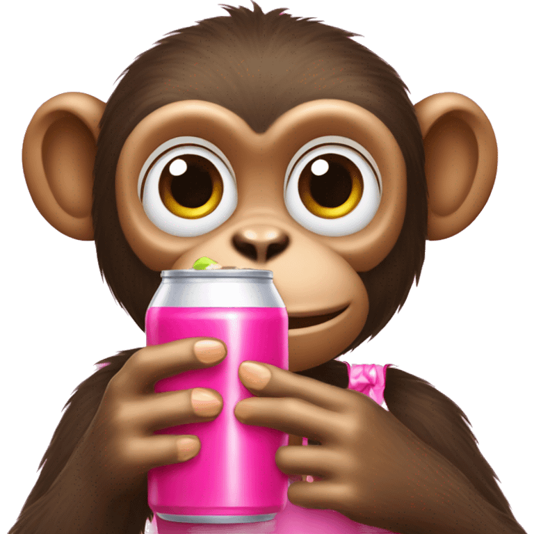 A monkeys drinking apple juice bottle, while holding out pink nails, with a pink bow emoji