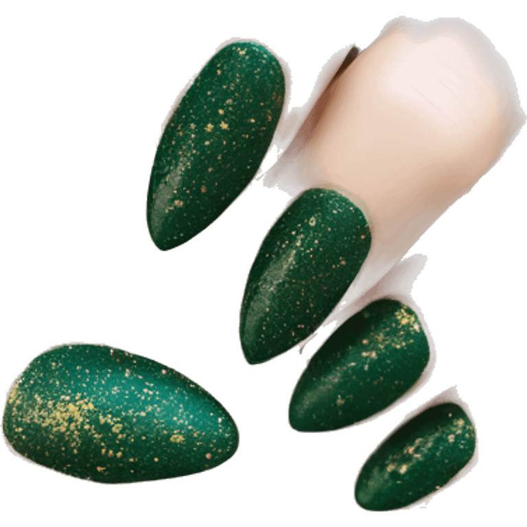 Dark green almond shaped finger nails with gold glitter emoji