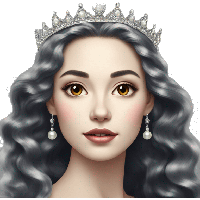 Regal pretty slender woman photograph defined cheekbones high cheekbones crown vintage with very long iridescent black and silver hair wavy long hair pearl crown iridescent emoji