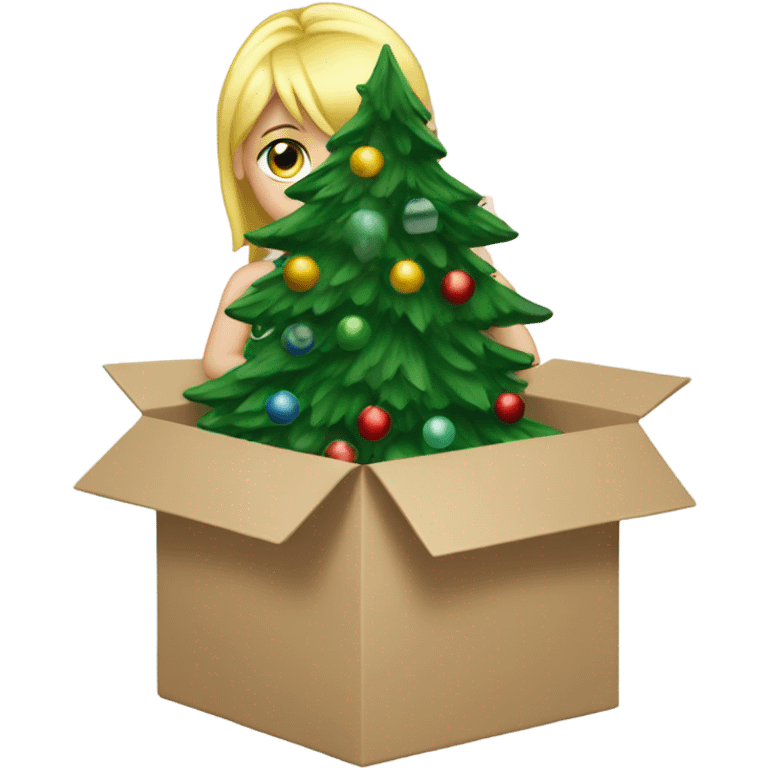 Blond girl putting Christmas tree in a box emoji