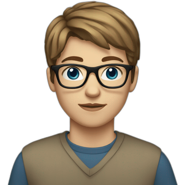 Teenager with brown short hair , transparent glasses, blue eyes emoji