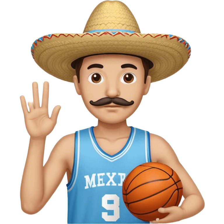 With lighter skin wearing a sombrero, a big fake mustached, and a light blue basketball jersey emoji