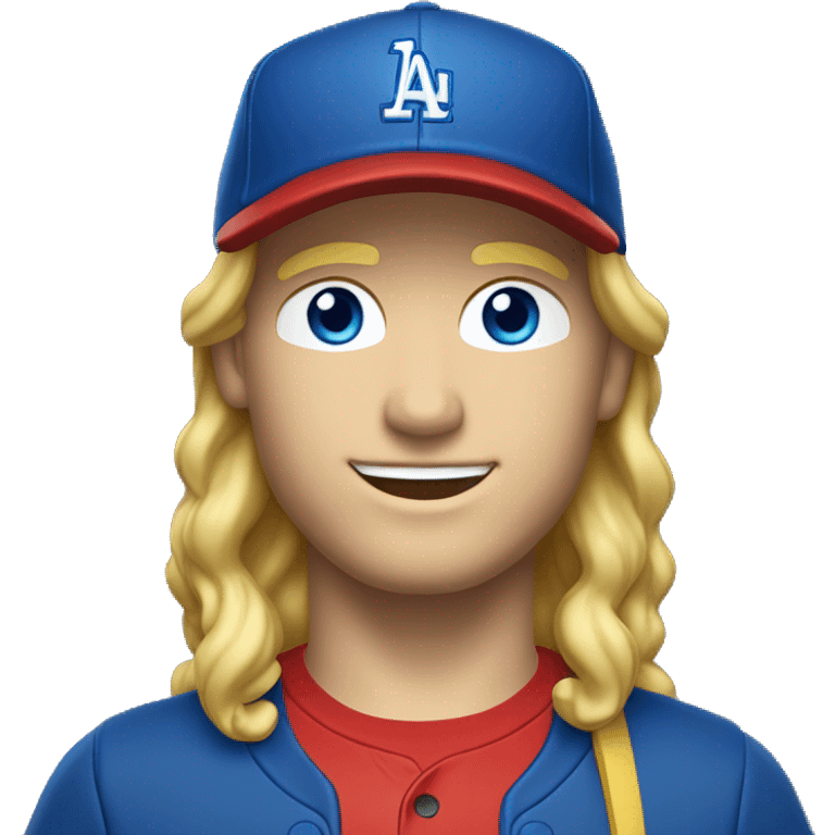 blonde wavy hair man with blue eyes and red t-shirt and sideways baseball cap full body emoji