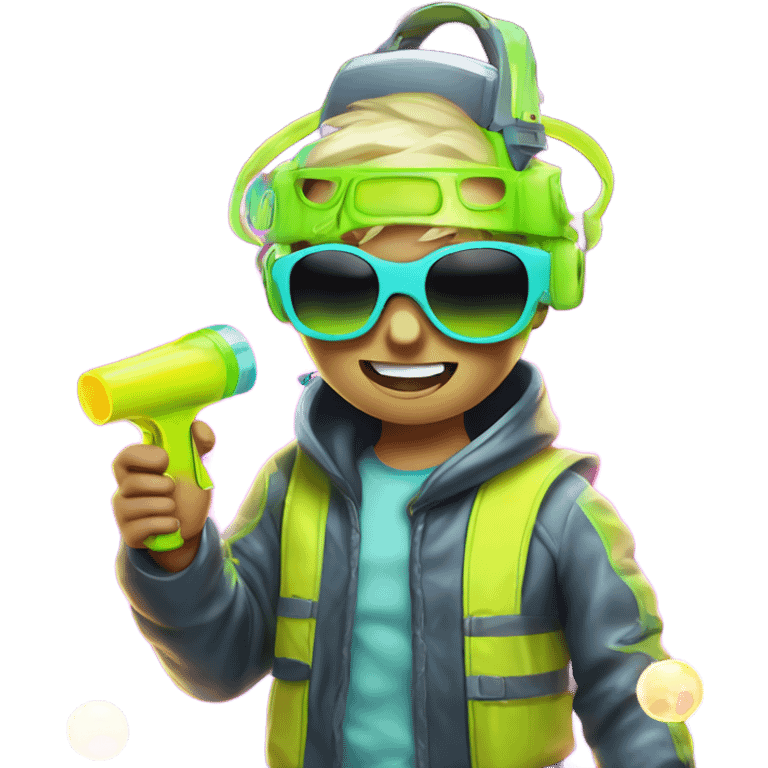 Caucasian boy in glowing rave outfit with mask, sunglasses, and headgear, shooting bubbles from a water gun emoji