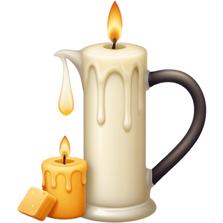 Candle making icon, candle with a wick, melting wax, wax blocks, candle mold, pouring jug, minimalistic style, clean lines, transparent background. emoji