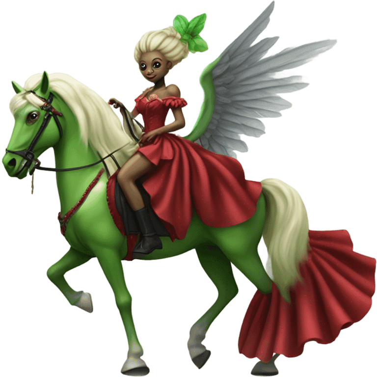 "galora green blonde alien woman" in red Victorian elegant dress, full body, rides winged horse

 emoji